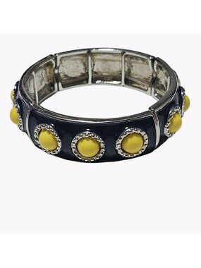 Boho Clamper Cuff Bangle Bracelet Yellow Stone Black Enamel Silver Tone Jewelry